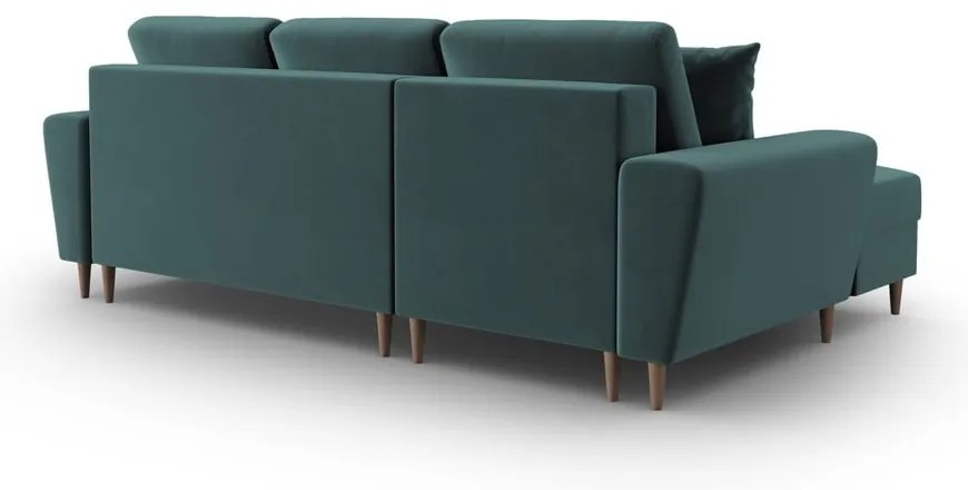 Petróleum színű bársony kinyitható tárolóhelyes sarokkanapé (bal oldali-heverő résszel) Kyoto – Cosmopolitan Design