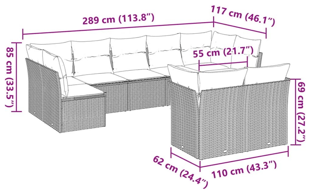 9 részes világosszürke polyrattan kerti ülőgarnitúra párnával