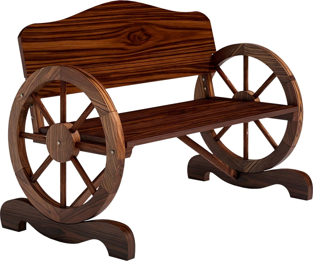 Outsunny Kerti Pad, 2 Személyes Fa Pad háttámlával és karfával, Fa Pad Kerék Design, Időjárásálló Park Pad 240kg Teherbírás, Erkély Pad Erkély Teraszr