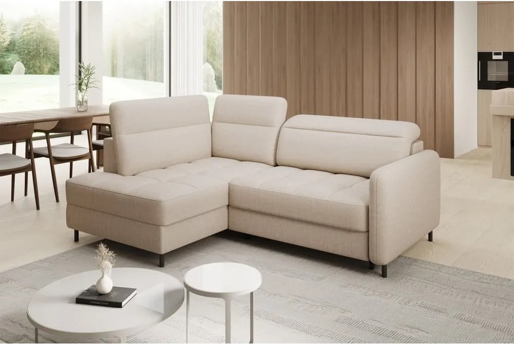 Bézs bársony kinyitható-tárolóhelyes sarokkanapé (bal oldali-L alakú) Barea – ELTAP