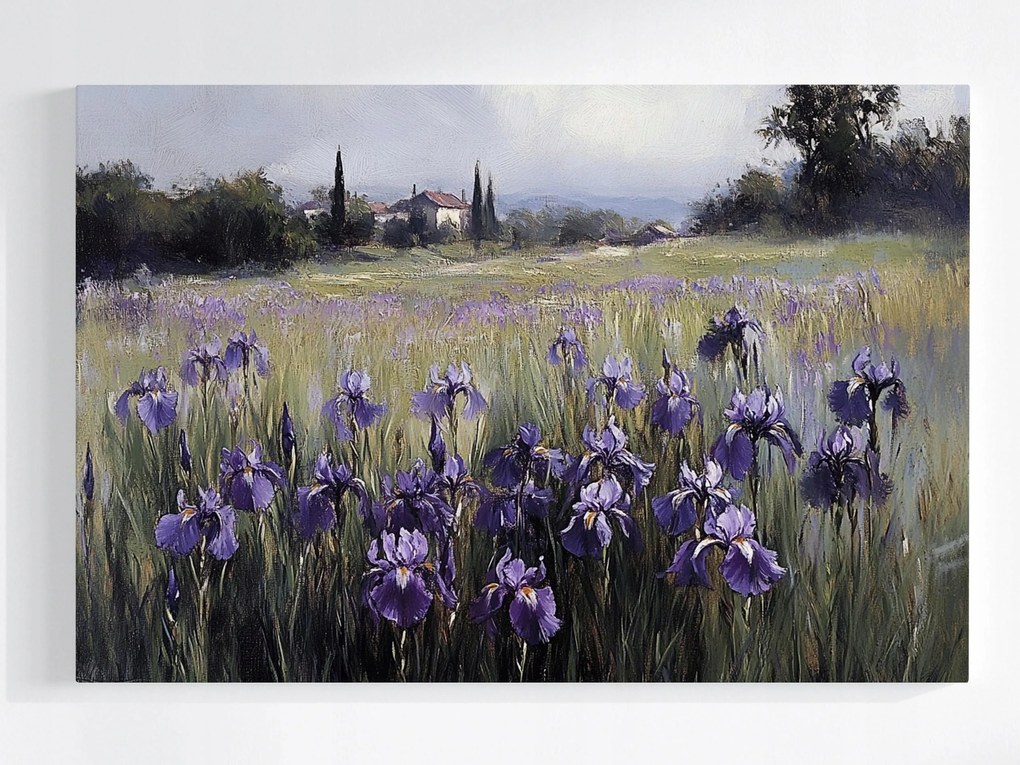 Poszter Tájkép Falu Rét Házak Virágok Íriszek 60x40