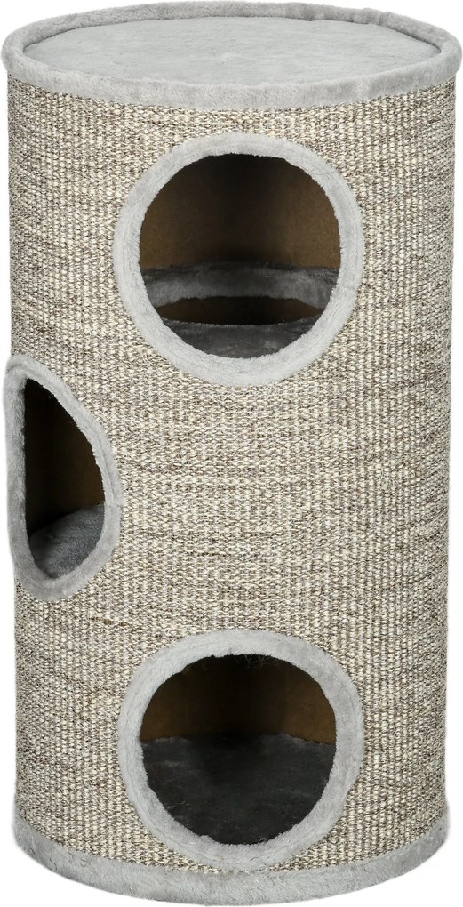 PawHut Karcoló Henger 70 cm Magas Ø 38 cm Háromszintes Macska Henger Plüss Peremmel, Macska Barlang, Karcoló Oszlop Kisebb Macskák Számára, Szürke | A