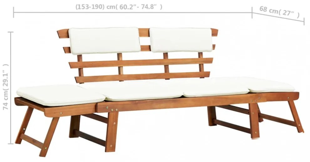 2 az 1-ben tömör akácfa kerti pad párnákkal 190 cm