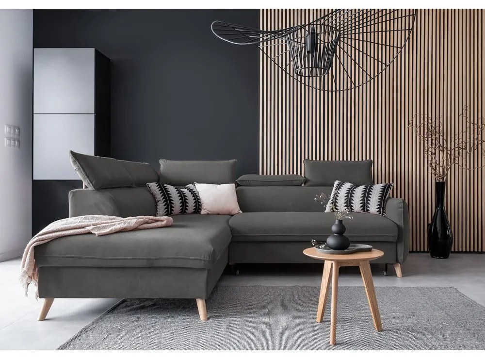 Sötétszürke bársony kinyitható sarokkanapé (bal oldali) Sweet Harmony – Miuform