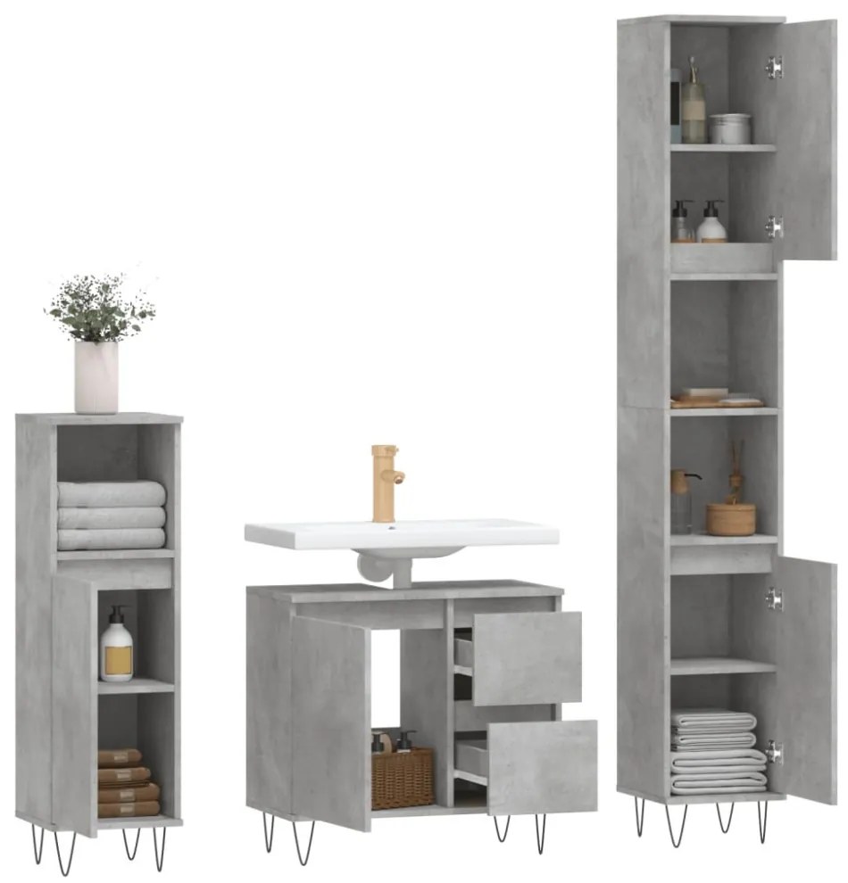 vidaXL 3 részes betonszürke szerelt fa fürdőszobai bútorszett