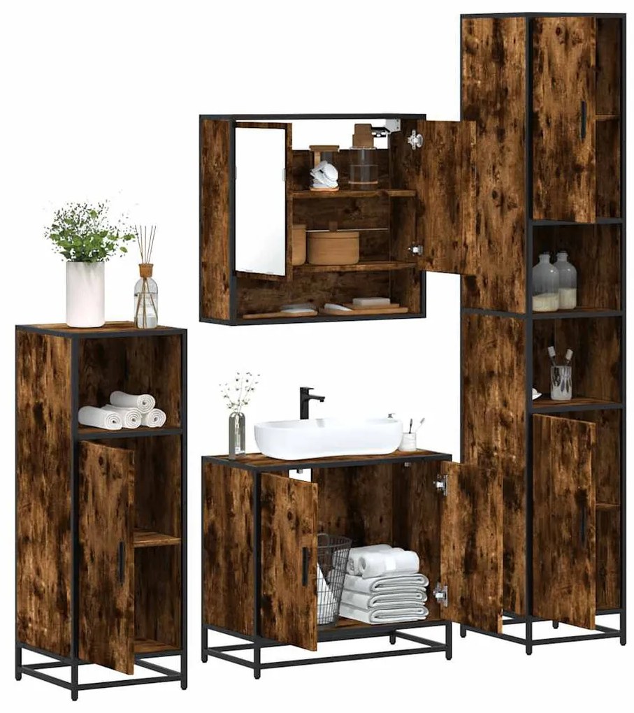 4 részes füstös tölgy színű szerelt fa fürdőszobai bútorszett