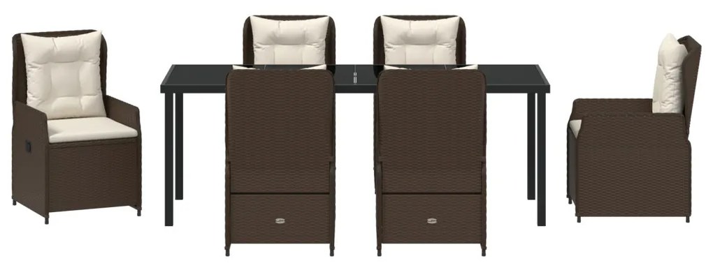 7 Darabos Kerti Étkezőszett Barna Poli Rattan, Kerti Asztal Fekete 200x80x73 cm Edzett Üveggel