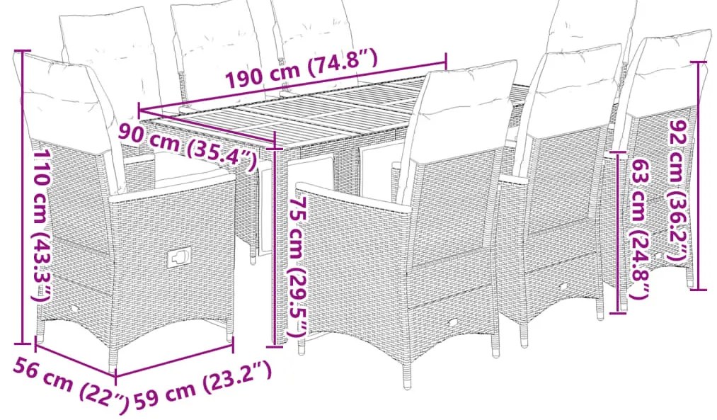 vidaXL 9 részes fekete polyrattan kerti bisztrógarnitúra párnákkal
