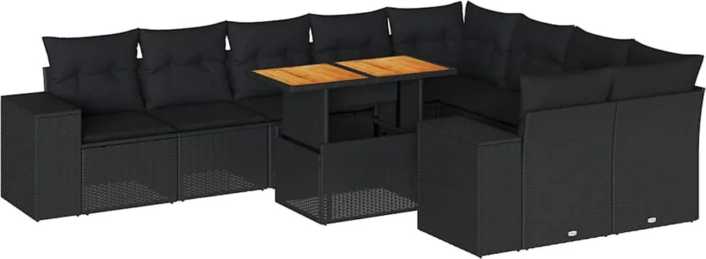 vidaXL 10 részes fekete polyrattan akácfa kerti ülőgarnitúra párnákkal