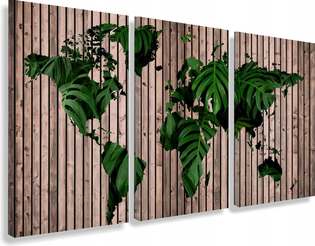 Falikép triptichon a nappaliba térkép fa levelek monstera 90X180cm