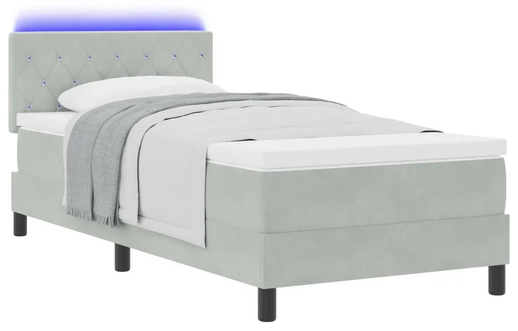 vidaXL LED Box Spring Ágy matracmal Világosszürke 90 x 200 cm Bársony