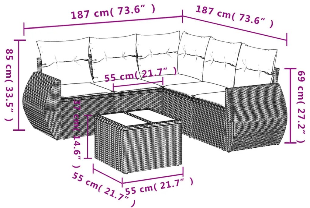 6 részes világosszürke polyrattan kerti ülőgarnitúra párnákkal