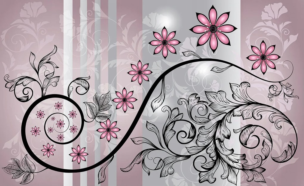 Tapéta Rózsaszín-szürke virágos örvények absztrakt elegancia 312x219 +ragasztó