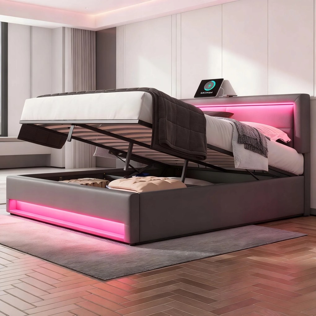 Kárpitozott ágy Dupla ágy Hidraulikus Led Usb 160x200cm szürke