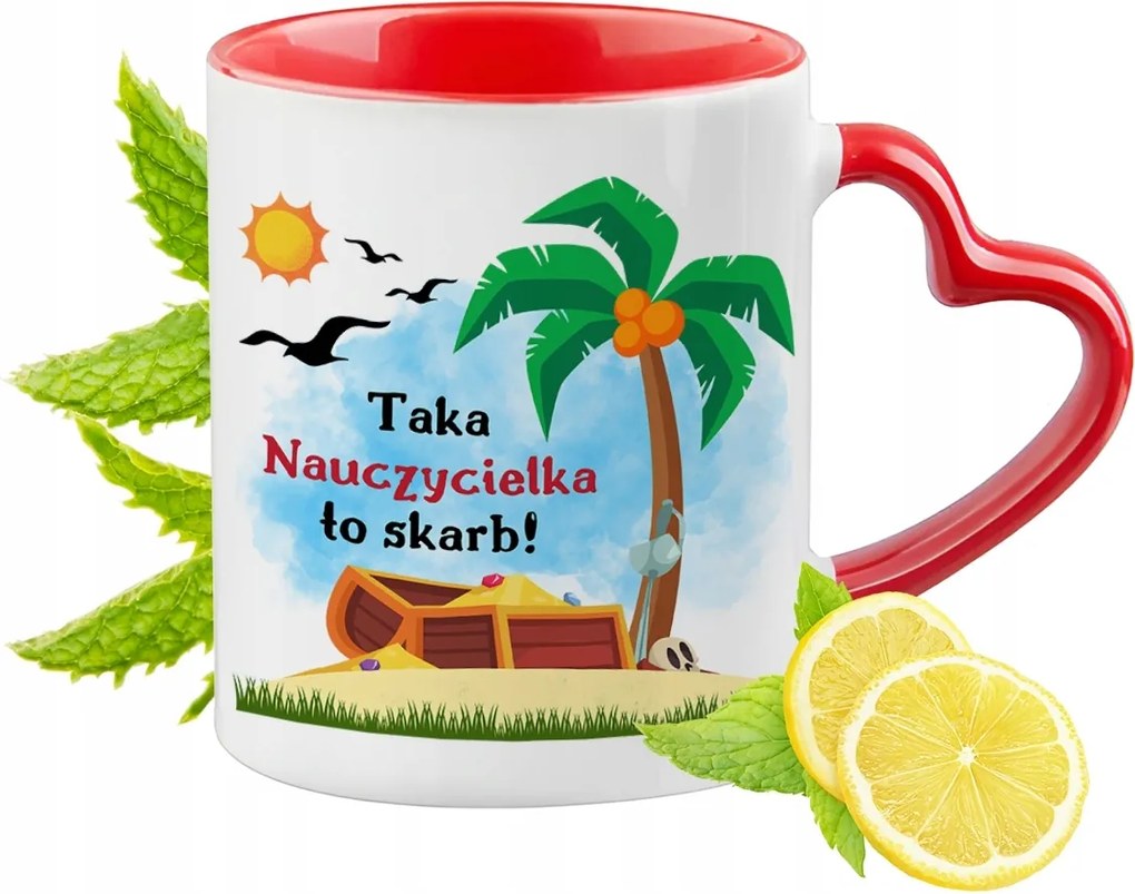 Piros bögre szív alakú füllel tanárnőnek ajándékba