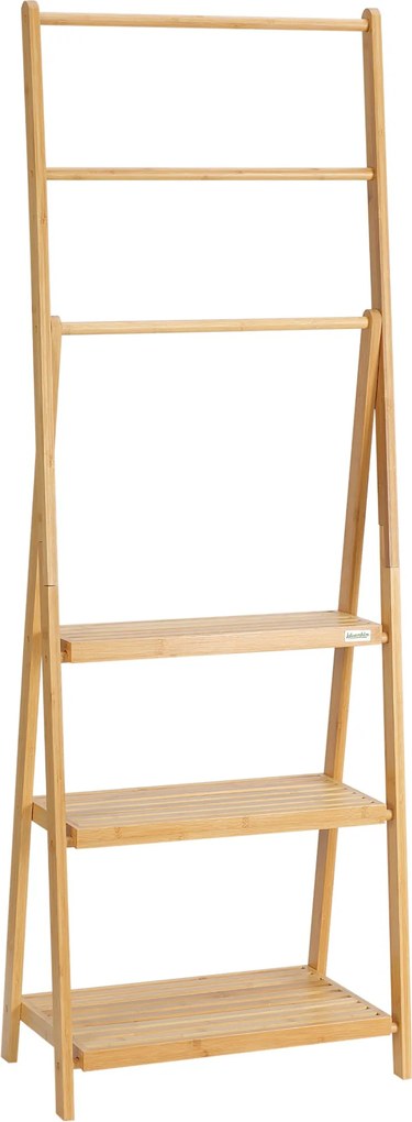 HOMCOM Bambusz Szabadonálló Törölközőtartó 3 Rúddal, Hajtogatható Létra Törölközőtartó 3 Tárolópolccal Fürdőszobához, Mosókonyhához 53x30.5x152 cm Ter