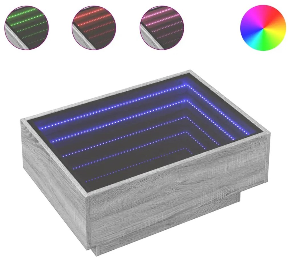 szürke sonoma szerelt fa dohányzóasztal LED-del 70 x 50 x 30 cm