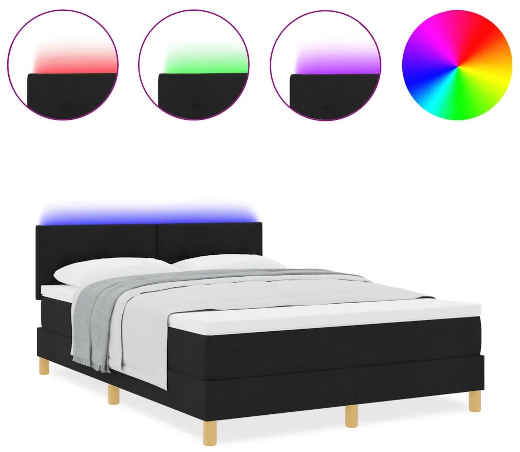 Box Spring Ágy Matrac & LED Fekete 140x200 cm Szövet