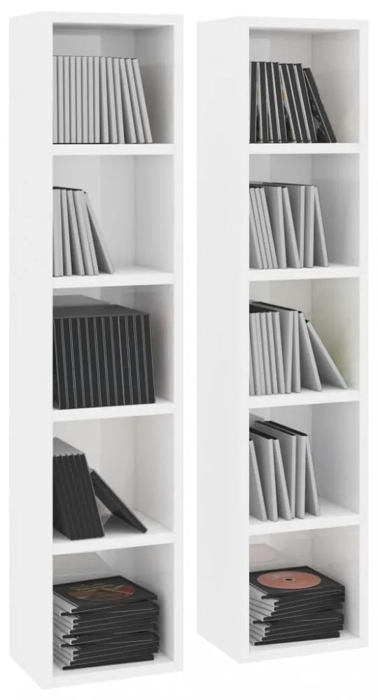 2 db magasfényű fehér forgácslap CD-szekrény 21 x 16 x 93,5 cm