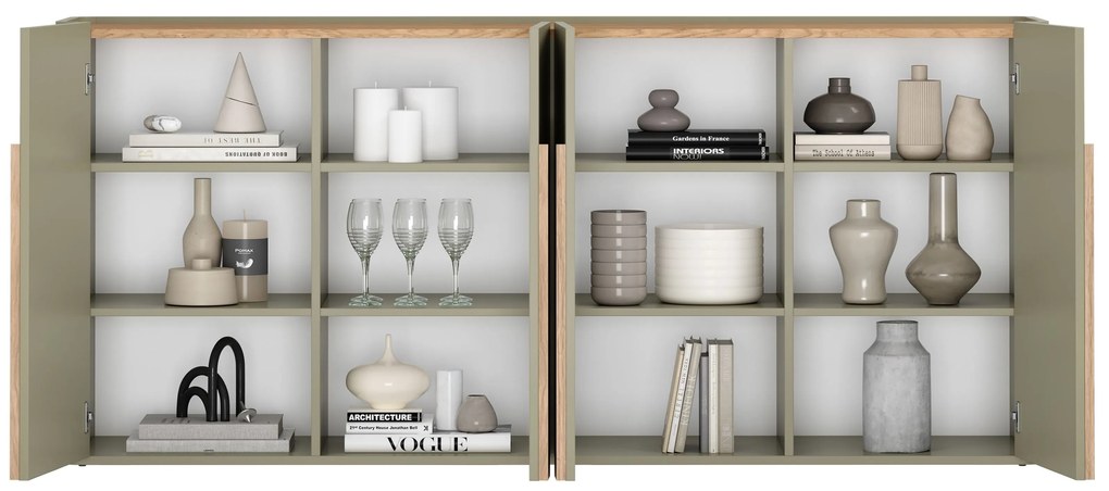 Amilio négyajtós komód 200 cm - eukaliptusz / baltic dune tölgy / natúr tölgy fogantyúk