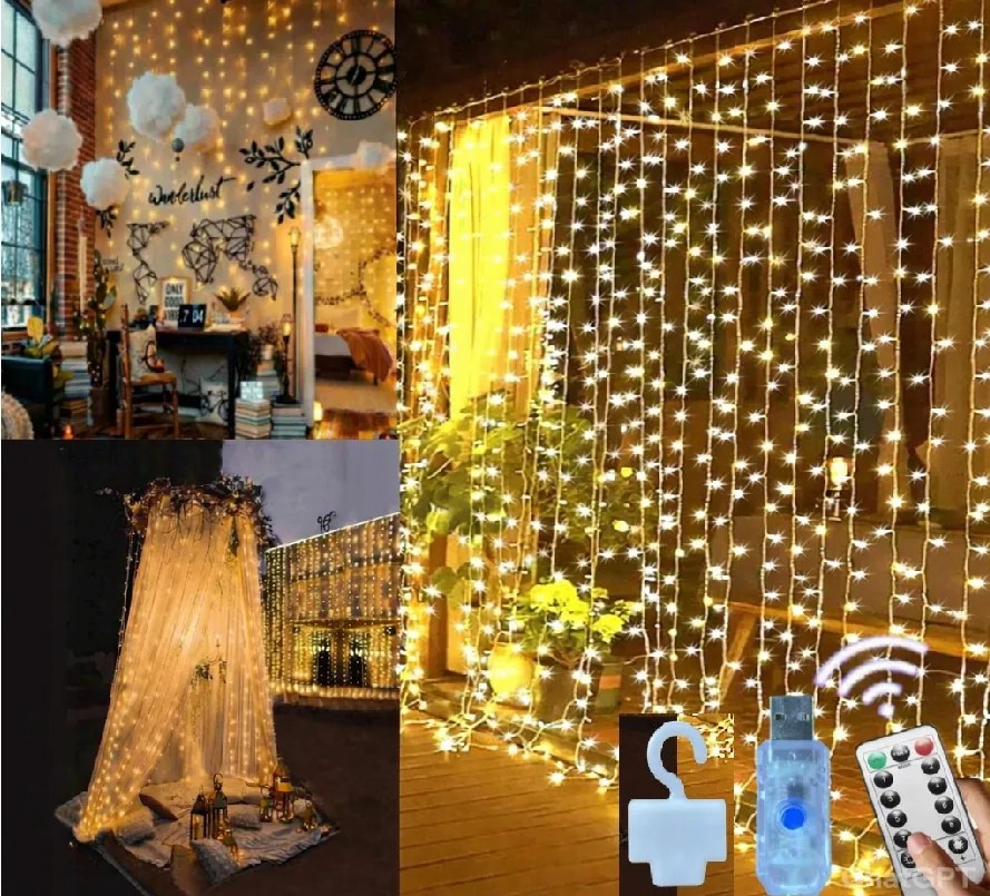 Fényfüggöny Microwear dekorációs fényfüzér 3Mx3M 300 Led meleg fényű