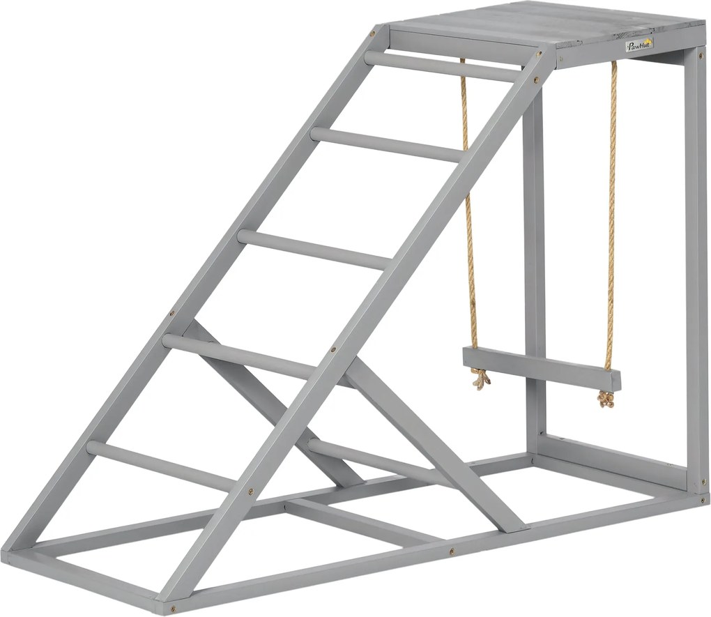 PawHut fa tyúkülő és játszóállvány hintával, létrával és platformmal — természetes hatás, 96×40×71 cm, szürke | Aosom