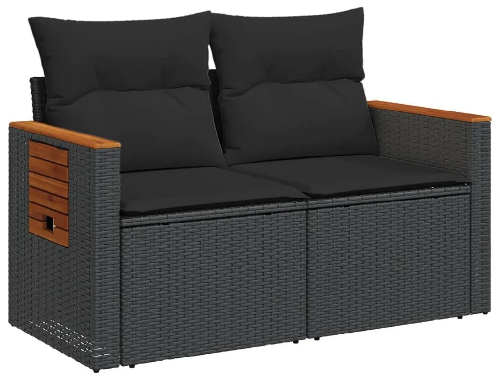 2 személyes fekete polyrattan kerti kanapé párnával