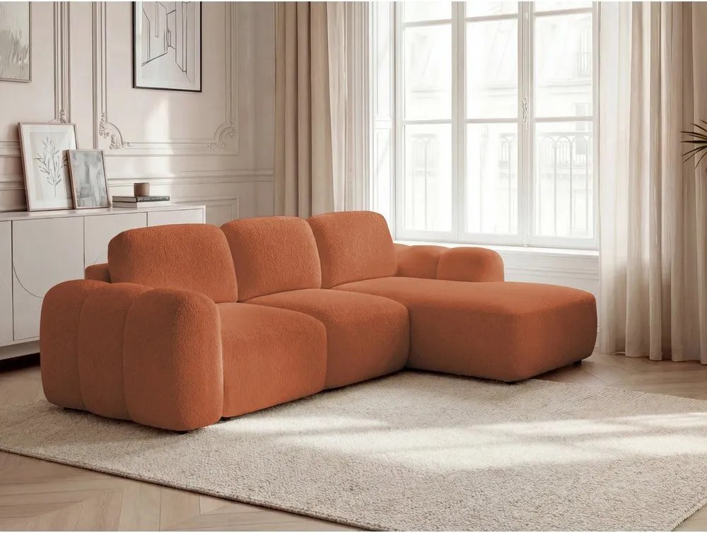 Narancssárga buklé kinyitható-tárolóhelyes sarokkanapé (jobb oldali-heverő résszel) Montaigne – Bobochic Paris