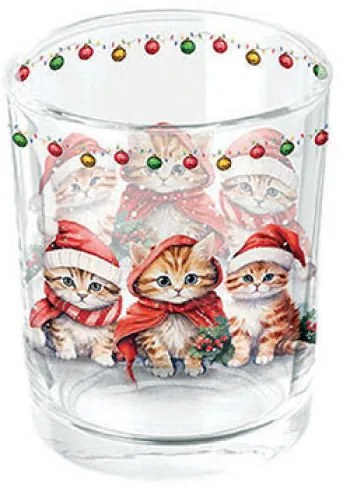 Karácsonyi üveg mécsestartó 5,5x6 cmi Három mikulássapkás cicával