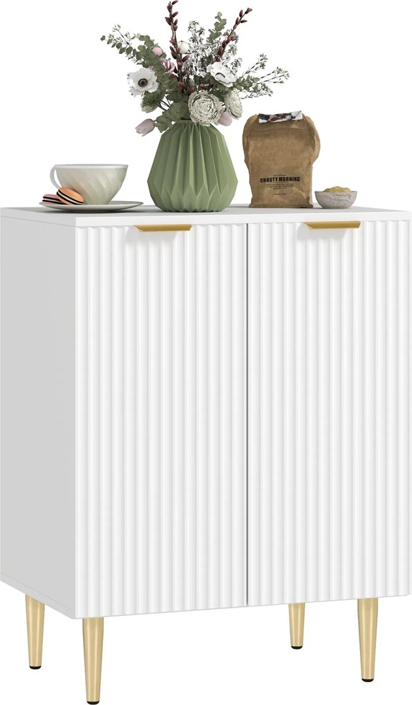HOMCOM Konyhai Büfé, Tároló Szekrény, 2 Ajtóval, Állítható Polccal, Emelt Fém Lábakkal, Konyhába és Nappaliba, 60 x 40 x 80 cm, Fehér | Aosom