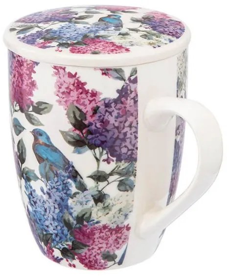 Orgonavirágos madaras porcelán bögre tetővel fémszűrővel 340 ml