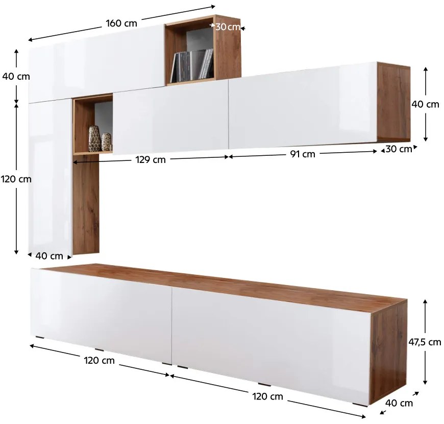 Nappali fal, fehér extra magas fényel HG/tölgyfa wotan, MIRALDA