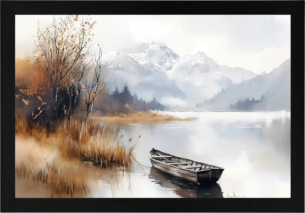 Poszter Keret Fa Tájkép Szabadtéri Hegyek Tó Csónak Köd Ősz 60x40