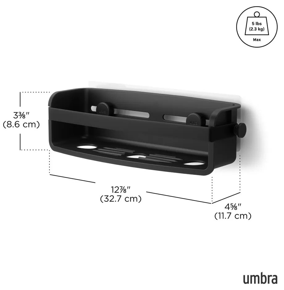 Fekete öntapadós műanyag fürdőszobai polc Flex Adhesive – Umbra