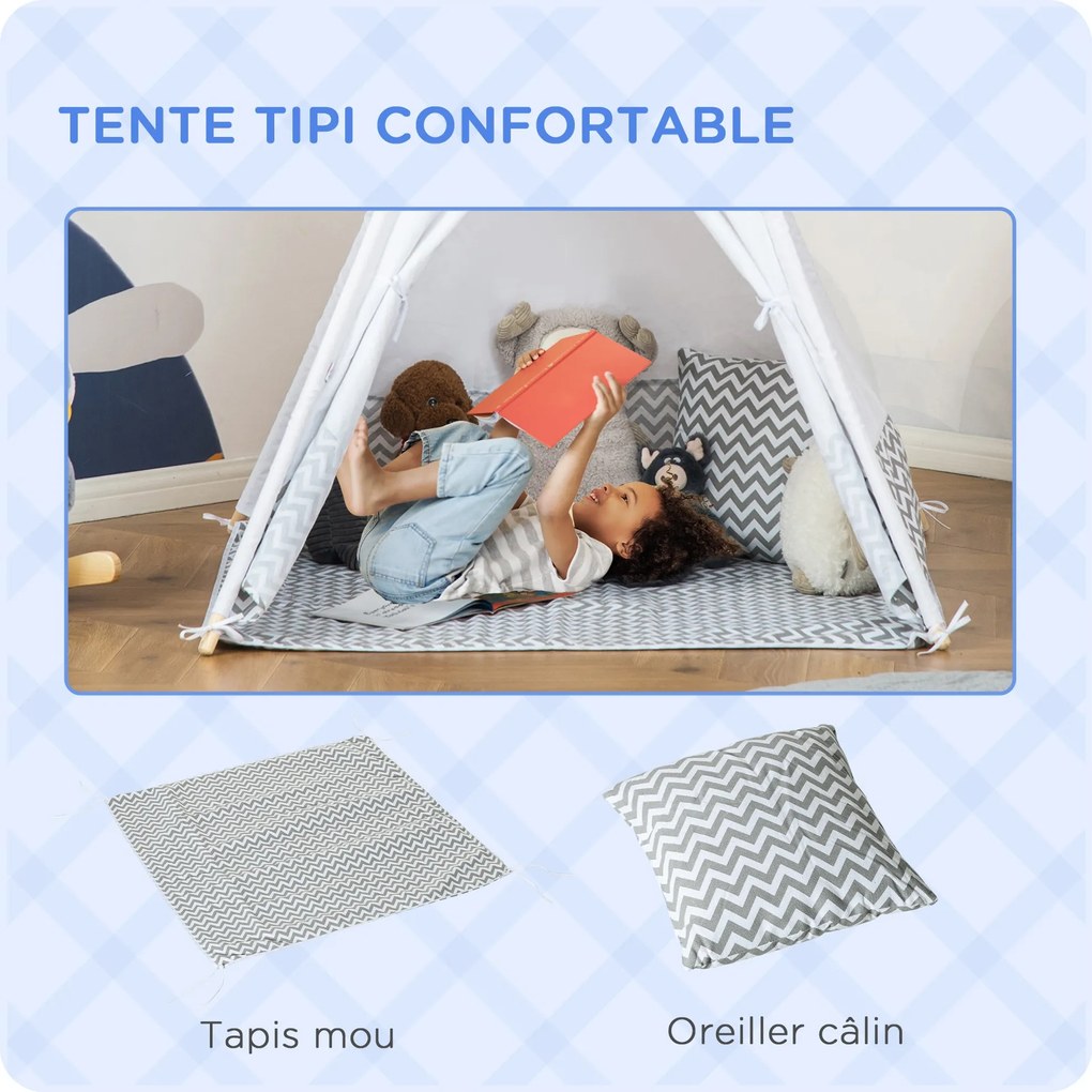 HOMCOM Indián Teepee Sátor Gyerekeknek - 1,2L x 1,2W x 1,55H m - Zárható Ajtó Ablak, Padlómatrac, Párna, Hordtáska Tartozik - Beltéri és Kültéri Szürk