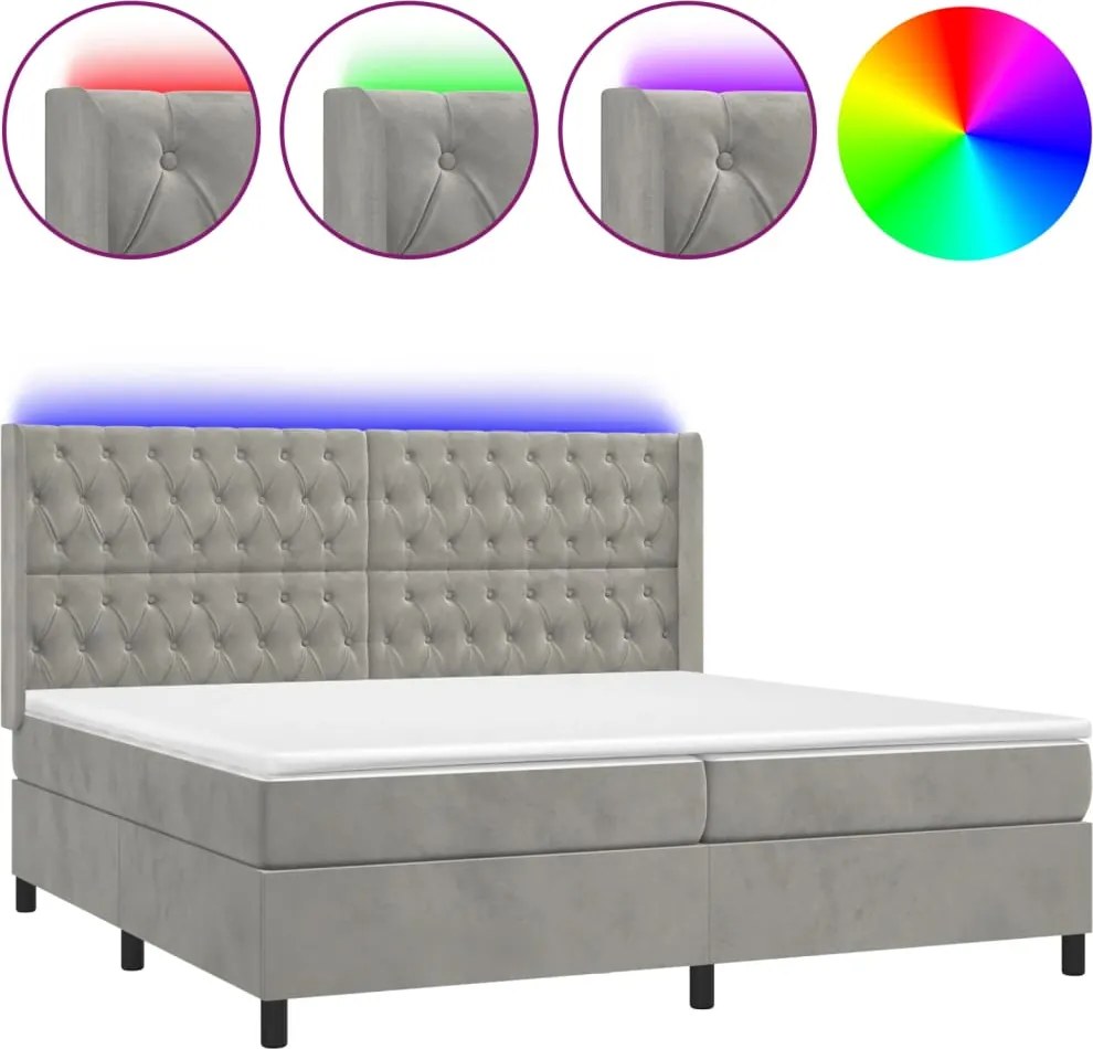 vidaXL világosszürke bársony rugós és LED-es ágy matraccal 200x200 cm