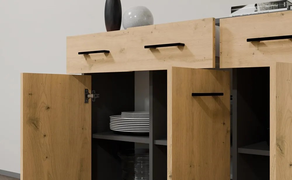 Simplo 3D3S komód 3 ajtó + 3 fiók, antracit - tölgy
