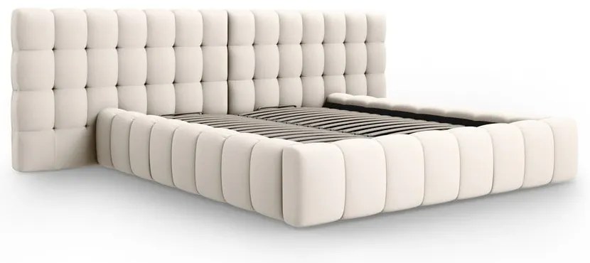 Krémszínű kárpitozott ágyneműtartós franciaágy ágyráccsal 200x200 cm Mamaia – Micadoni Home