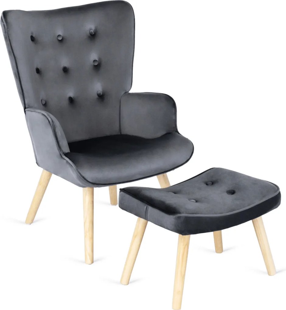 Pihenőfotel szürke színben, bársony kárpittal, lábtartóval LOZANO