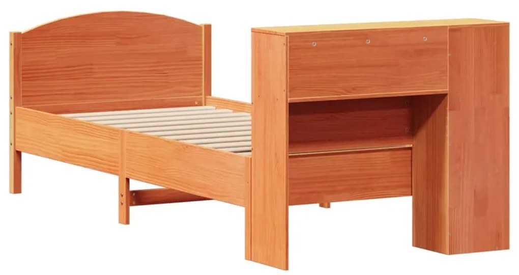 barna tömör fenyőfa könyvespolcos ágy matrac nélkül 75 x 190 cm