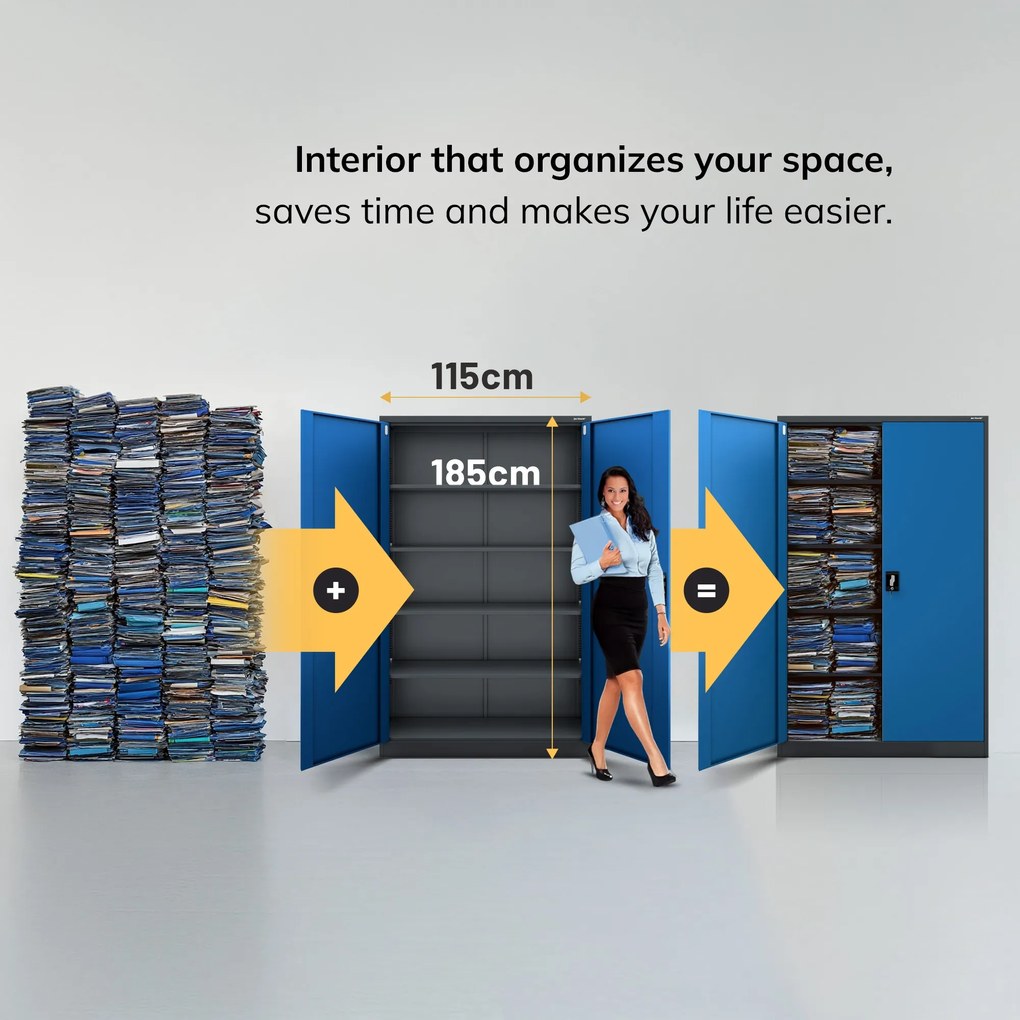 Fém iratszekrény JAN II, 1150 x 1850 x 400 mm, antracit-kék