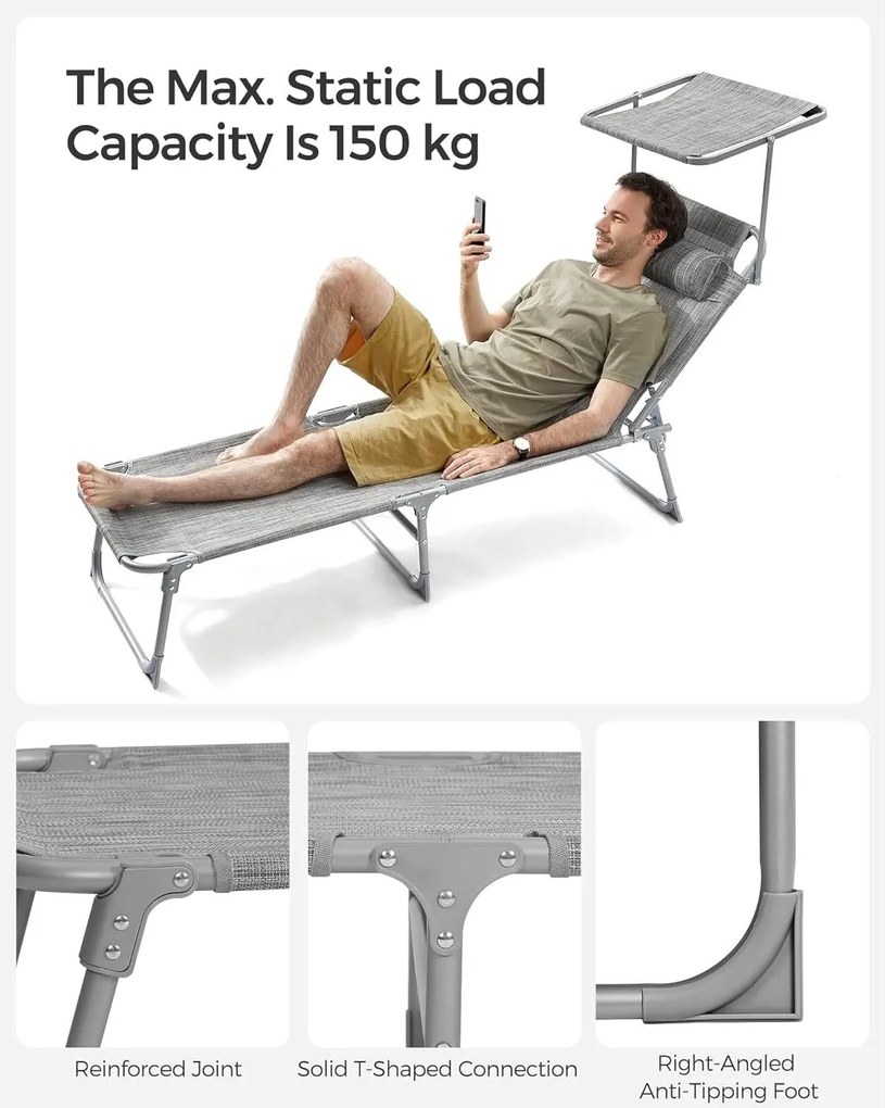 Összecsukható napozóágy napellenzővel 53 x 193 x 29,5 cm, 150 kg-ig terhelhető, Greige