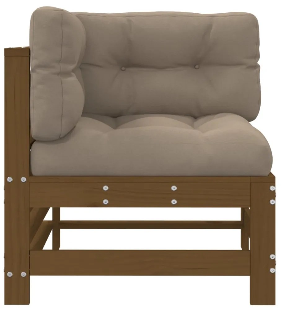 2 db mézbarna tömör fenyőfa sarokkanapé párnákkal