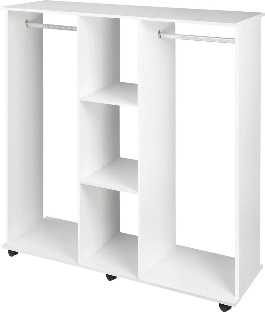 HOMCOM Kerekes Nyitott Gardrób Függő Akasztóval és Polcokkal Szervező a Hálószobához 120x40x128 cm Fehér | Aosom