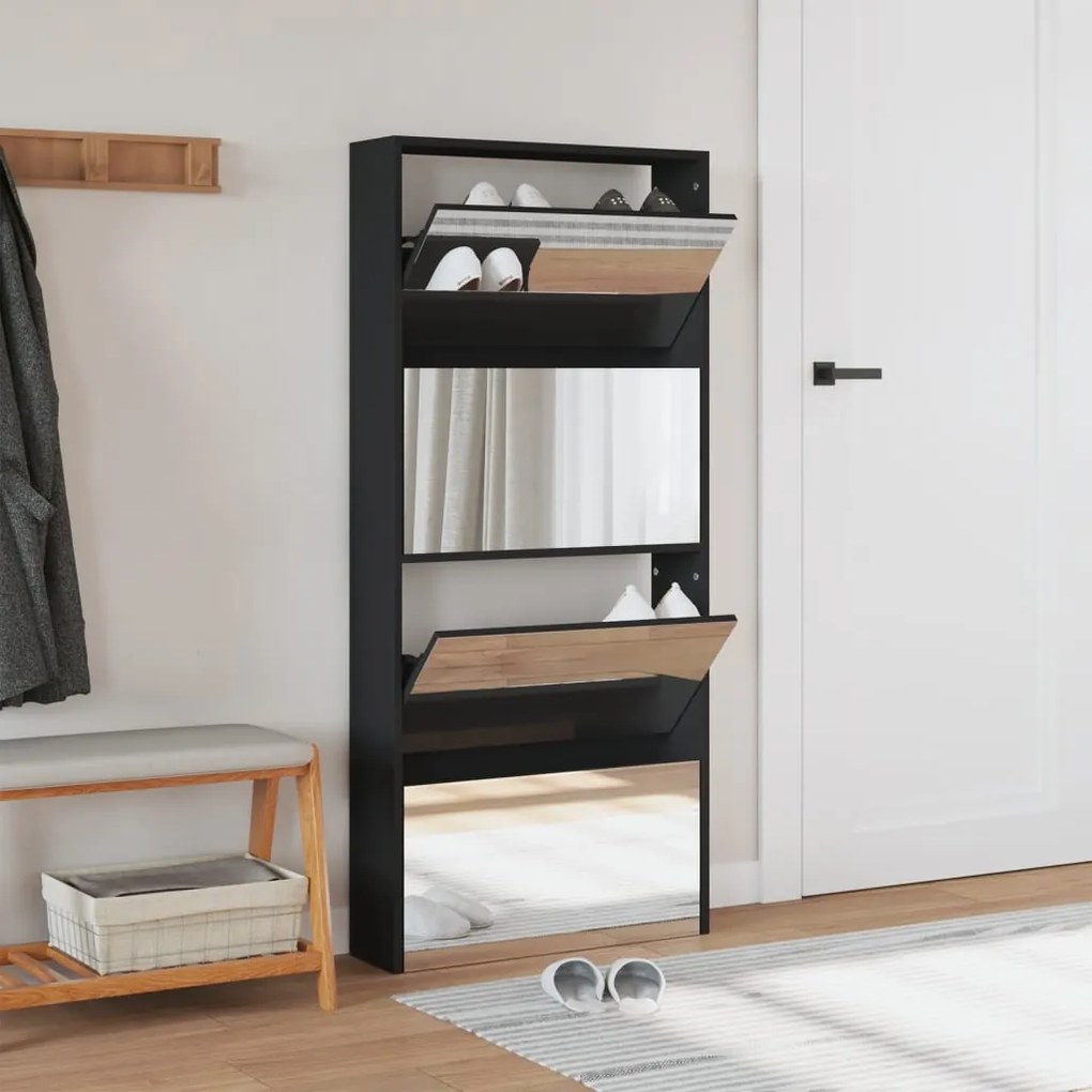 fekete 4 szintes cipőszekrény tükörrel 63 x 17 x 134 cm
