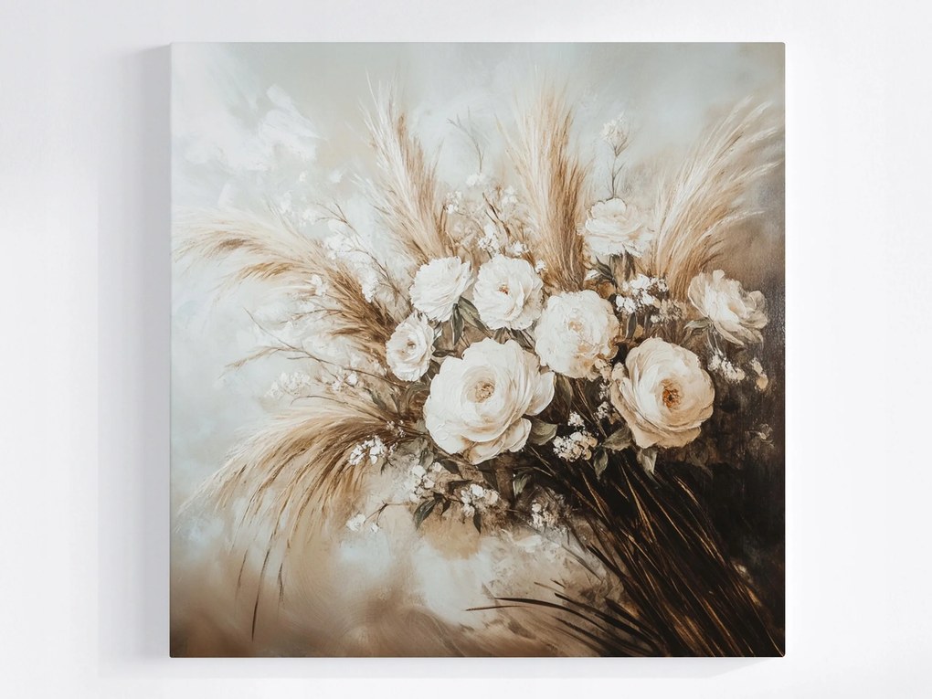 Vászonkép Canvas Csokor Fű Bazsarózsa Rózsa Kompozíció Boho 80x80