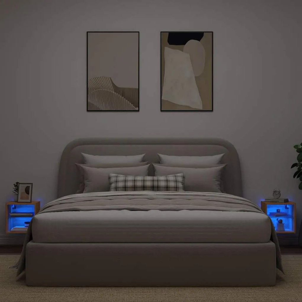 2 db kézműves tölgy színű fali TV-szekrény LED-del 30x28,5x30cm