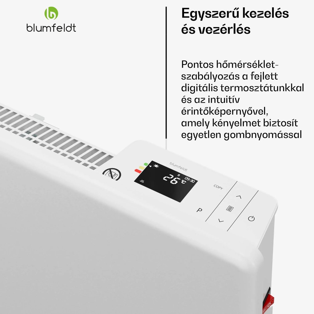 ThermaTouch konvektor, 2 000 W, elegáns kialakítás, érintéses vezérlés, 20 m²-ig