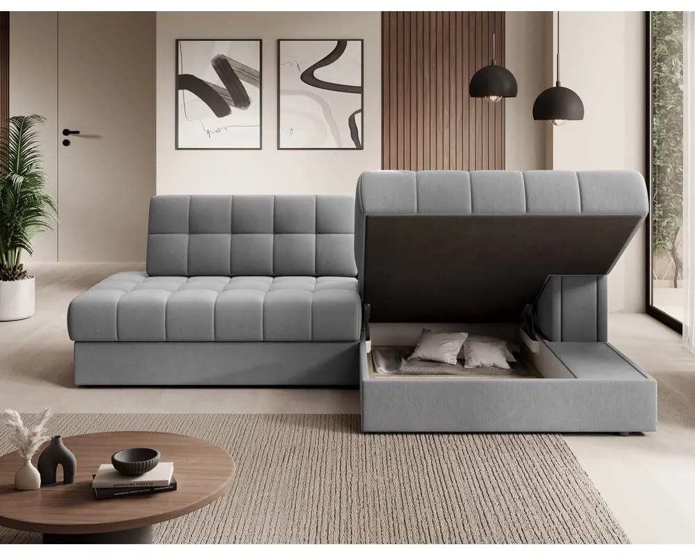 Szürke bársony kinyitható sarokkanapé (jobb oldali-heverő résszel) Blezalt – ELTAP