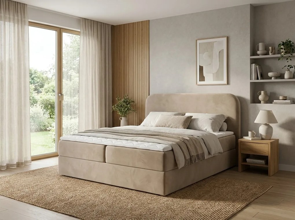 Kárpitozott boxspring ágy FORENA 180x200 cm bézs Matrac: Bonell rugós matrac